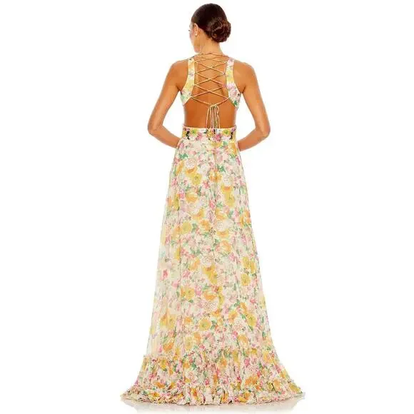 Mac Duggal 9174 Long Formal Multicolored Floral Print Chiffon Gown Dress Size 10